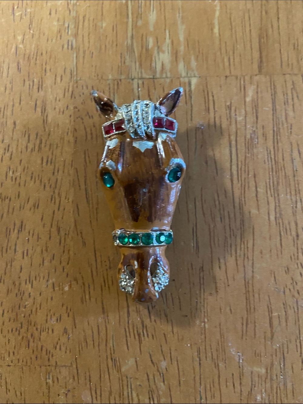 1940s Brown Horse Head brooch Pin clear Green Red crystal rhinestones rhinestone